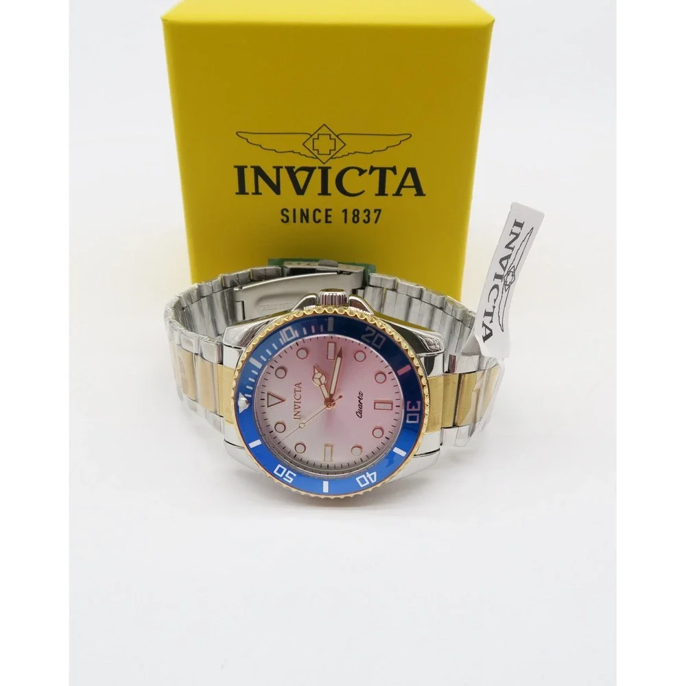 Invicta Pro Diver Vitreos Mens Watch 42mm Two Tone Gold Steel Blue Bezel 69398